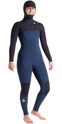 2025 C-Skins Womens NuWave Solace 5/4/3mm Chest Zip Hooded Wetsuit C-NSO54WH - Bluestone / Black x / Saffron
